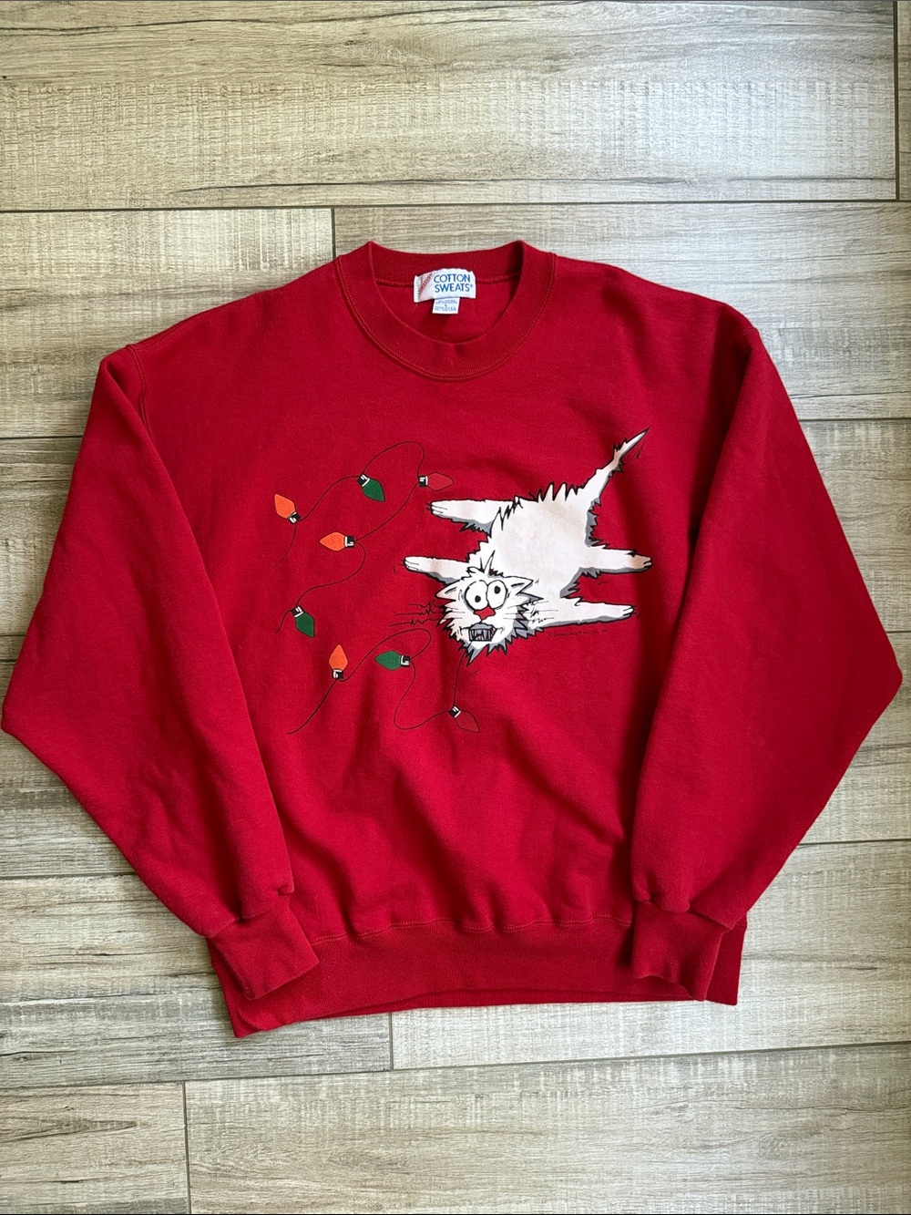 VTG Christmas Cat Lights Sweatshirt Large Red USA Made Jerzees Cotton Sweats